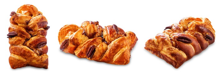 Maple and pecan plait Danish pastry on a white isolated background