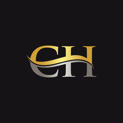 Initial Gold And Silver letter CH Logo Design with black Background. CH Logo Design.