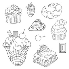 Vector food illustration with different pretty sweets, biscuits, cookies and cakes