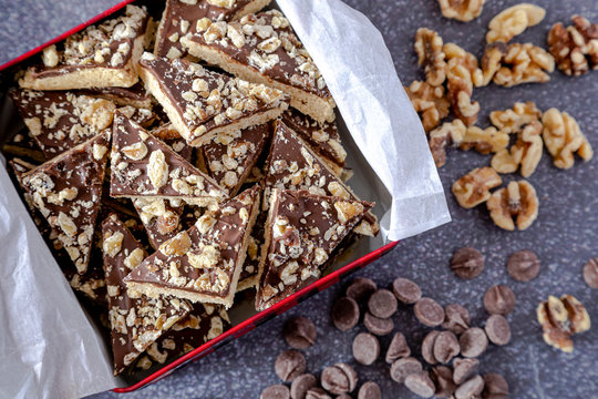Holiday cookie gift of shortbread with chocolate and walnuts