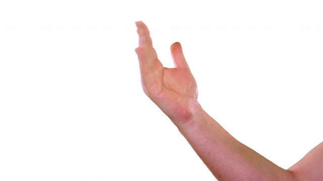 hand sign  come here hand of male hand over white screen