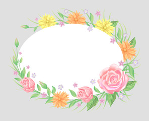 Obraz na płótnie Canvas Floral frame colorful and beautiful rose flowers and leaves template decoration.