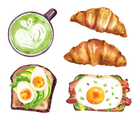 Watercolor hand painted breakfast matcha coffee cup, toasts with eggs and avocado and croissants illustration set isolated on white background