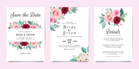 Set of card with flowers. Invitation template set with floral frame and bouquet. Roses and leaves botanic illustration for wedding card, background, save the date, greeting, poster, cover vector