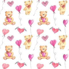 Behang Hou van naadloze patroon met teddyberen, ballonnen, harten in aquarel schetsen stijl. Perfect voor St. Valentijnsdag, verjaardag, trouwkaarten, inpakpapier, achtergrond, behang, textielontwerp. © Olga
