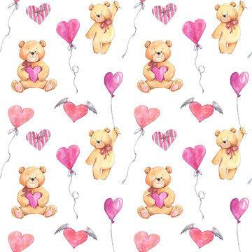 Love seamless pattern with teddy bears, balloons, hearts in watercolor sketching style. Perfect for St. Valentine's day, Birthday, wedding cards, wrapping paper, background, wallpaper, textile design.