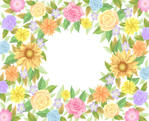 Fototapeta na wymiar Floral frame colorful and beautiful rose flowers and leaves template decoration.