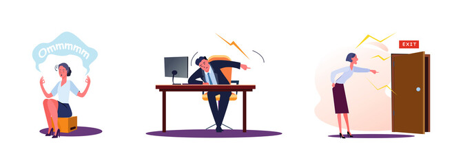 Set of angry people screaming, pointing at door