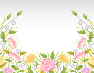 Floral frame colorful and beautiful rose flowers and leaves template decoration.