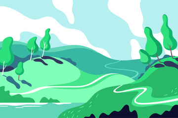 Spring and summer background. Landscape with hills, plants, roads and a lake. Vector illustration for advertising, websites and print media.
