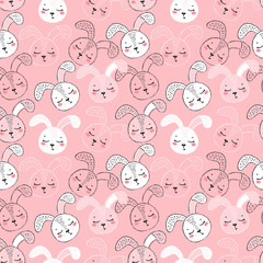 Obraz premium Cute Easter Bunny Heads Seamless Pattern. Little Rabbit Faces Background for Kids. Cartoon Animal Vector Illustration. Baby Shower Scandinavian Design with Sleeping Hares
