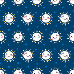Vector Seamless Pattern with Cute Smiling Sun and Stars. Sky Blue Background for Kids Fashion, Nursery, Baby Shower Scandinavian Design