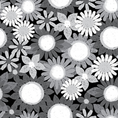 Vector monochrome black and grey textured sunflowers pen sketch repeat pattern. Suitable for textile, gift wrap and wallpaper.