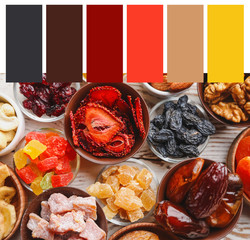 Different dried fruits on white table, top view