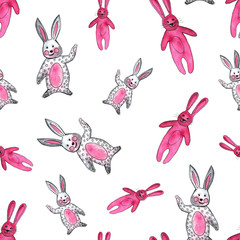 Cute bright pink bunny seamless pattern. Funny cartoon watercolor rabbit with heart