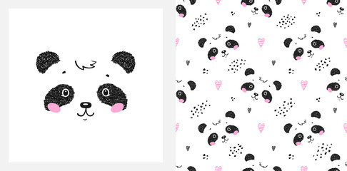 Cute Little Panda Bear with Hearts Vector Seamless Childish Pattern and T-shirt Print Design with Black and White Chinese or Bamboo Bear. Scandinavian Poster for Kids
