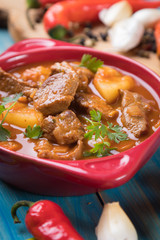 Beef goulash served in bowl