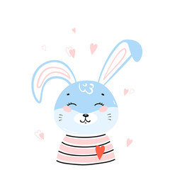 T-shirt Print Design for Kids with Little Cute Bunny Head with Hearts. Easter Rabbit Face. Doodle Cartoon Kawaii Animal Vector Illustration. Scandinavian Print or Poster Design, Baby Shower