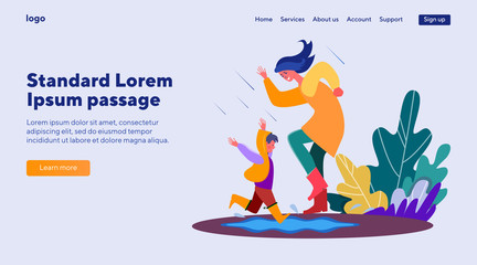 Mother and child having fun under rain