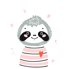 T-shirt Print Design for Kids with Little Cute Sloth Head with Hearts. Sloth Face. Doodle Cartoon Kawaii Animal Vector Illustration. Scandinavian Print or Poster Design, Baby Shower Greeting Card