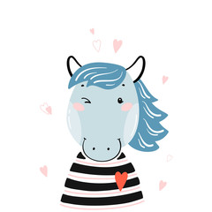 T-shirt Print Design for Kids with Little Cute Horse Head with Hearts. Horse Face. Doodle Cartoon Kawaii Animal Vector Illustration. Scandinavian Print or Poster Design, Baby Shower Greeting Card