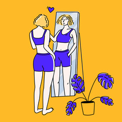 Obraz premium Woman reflection in standing mirror, hand on shoulder. Self support and self love concept line illustration in yellow and purple. Tall slim girl in sport underwear.