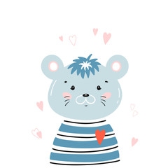 T-shirt Print Design for Kids with Little Cute Mouse Head with Hearts. Rat Face. Doodle Cartoon Kawaii Animal Vector Illustration. Scandinavian Print or Poster Design, Baby Shower Greeting Card