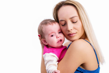 Mother hugging crying baby  girl