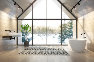 Interior bathroom of a forest house 3D rendering