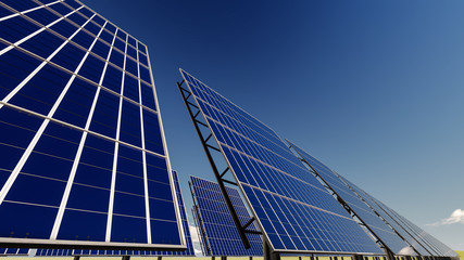 Obraz premium Rows of Solar Panels Under Clear Sky 3D Rendering