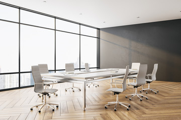 Modern meeting room interior with panoramic city view