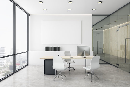 Modern coworking office interior with empty banner