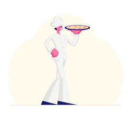 Young Man Chef Wearing Toque and White Uniform Holding Tray with Pizza in Hand. Restaurant Staff Demonstrating Menu, Serve Guests in Cafe, Pizzeria or Bakery Shop. Cartoon Flat Vector Illustration