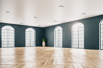 Contemporary gallery interior with wooden floor