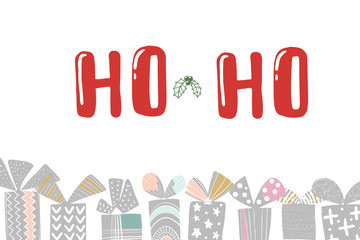 Obraz premium X-mas gift card with text ho ho ho. Hand lettering greeting Christmas Santa laugh. Vector illustration.