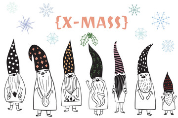 Merry Christmas letters, Seasons greetings , cute nordic  gnomes in hand - drawn scandinavian hats.