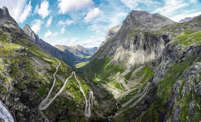 Panoramic aerial view of the serpentine mountain road of Trollstigen in Norway
