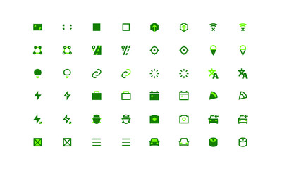 Application toolbar icons. Flat bicolor icons use green and gray colors. Vector images isolated on a white background