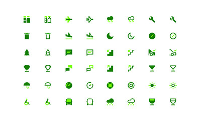 Application toolbar icons. Flat bicolor icons use green and gray colors. Vector images isolated on a white background