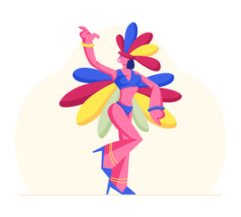 Brazilian Samba Dancer Woman Wearing Festival Costume with Colorful Feather Peacock Tail Isolated on White Background. Brazilian Culture, Carnival in Rio De Janeiro Cartoon Flat Vector Illustration