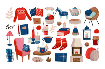 Big Collection of hygge icons. Big set of cozy and warm elements. Vector illustration on white background for greeting cards, posters, stickers and seasonal design. © Katie