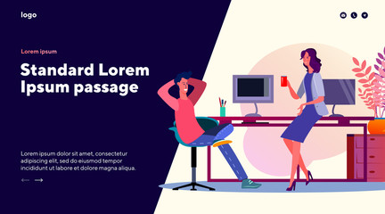 Office man and woman chatting at desk