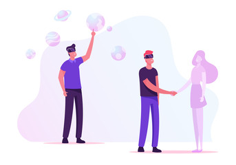 People Use Virtual Reality Technology for Dating and Education. Male Characters Wearing Augmented Reality Vr Goggles Date with Girl and Studying. Man Learn Astronomy Cartoon Flat Vector Illustration