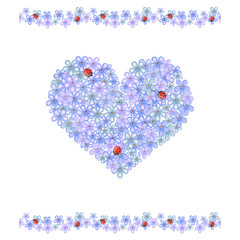 forget-me-not flowers and ladybugs in heart shape on white background, vector illustration