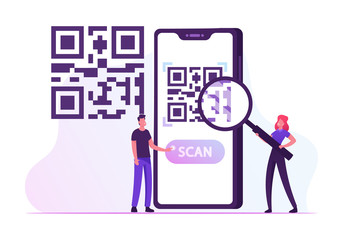 E-Wallet, Cashless Payment Technology. Woman Looking on Qr Code, Man Push Scan Button on Huge Smartphone Screen Scanning Tag in Shop Generate Digital Pay Without Money Cartoon Flat Vector Illustration