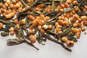 close-up of green tea with fried rice