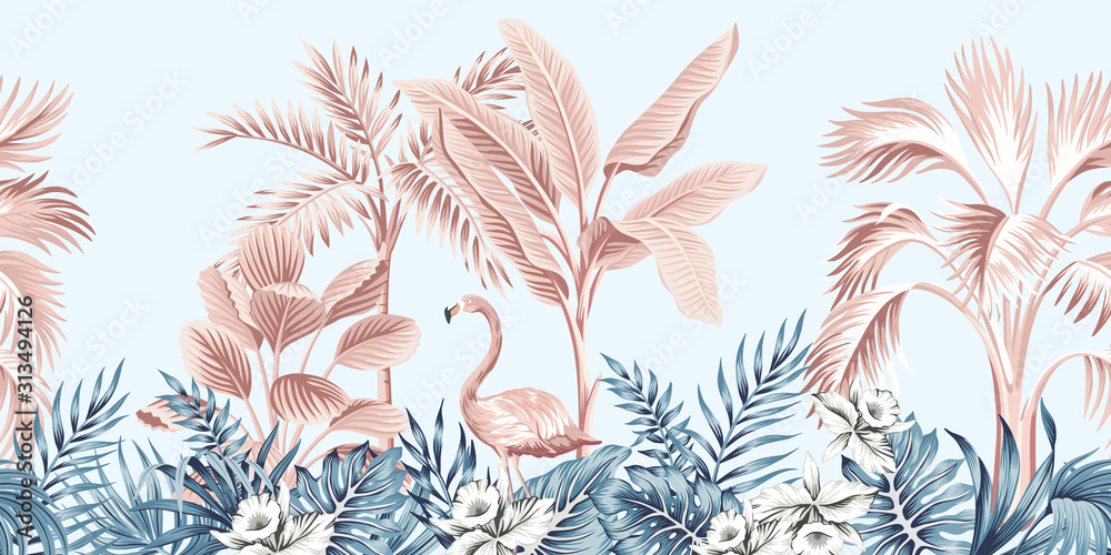 Wall mural tropical vintage botanical landscape, pink palm tree, banana tree, blue plant, pink flamingo floral 