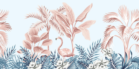 Tropical vintage botanical landscape, pink palm tree, banana tree, blue plant, pink flamingo floral seamless border grey background. Exotic jungle animal wallpaper.