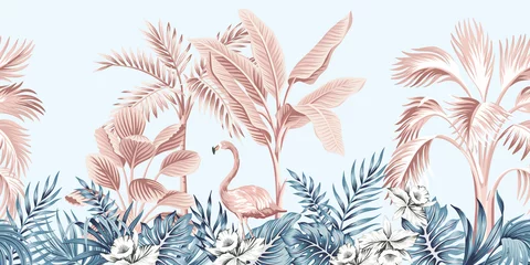 Acrylic prints Vintage botanical landscape Tropical vintage botanical landscape, pink palm tree, banana tree, blue plant, pink flamingo floral seamless border grey background. Exotic jungle animal wallpaper.