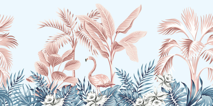 Tropical vintage botanical landscape, pink palm tree, banana tree, blue plant, pink flamingo floral seamless border grey background. Exotic jungle animal wallpaper. © good_mood